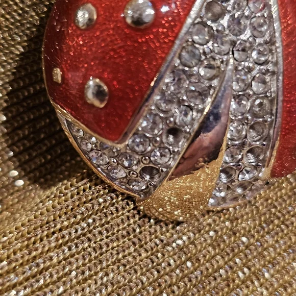 Vintage Givenchy Ladybug Brooch Red Enamel Crystal Rhinestones Gold Tone - FLAW - Picture 5 of 13